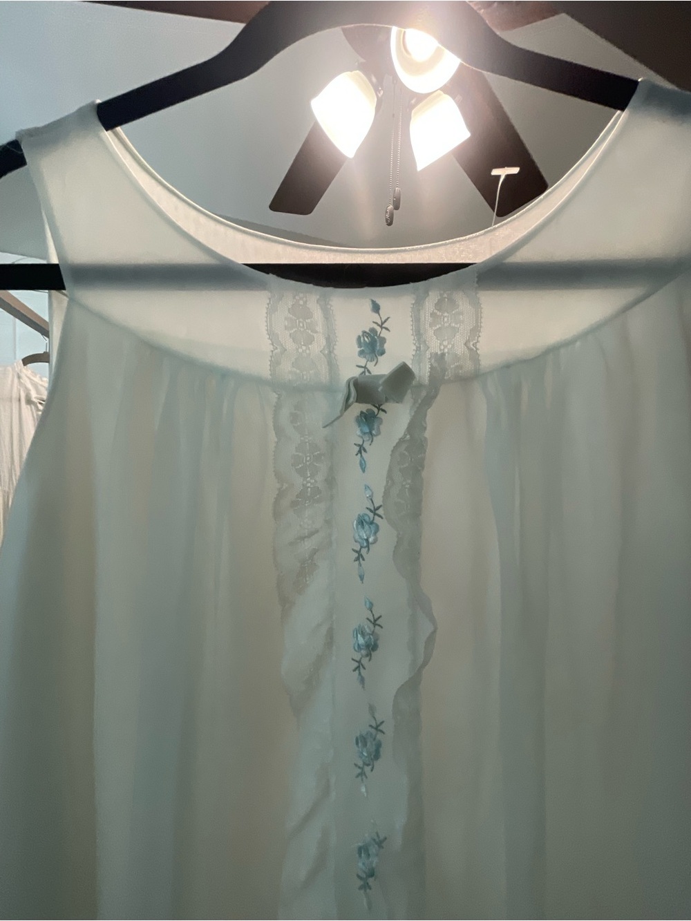 Vintage Classic Blue Nightgown with Blue Embroidered Rose Detail